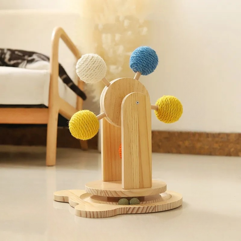 Luna™ Wooden Cat Toy Wheel with Sisal Balls and Scratching Surface