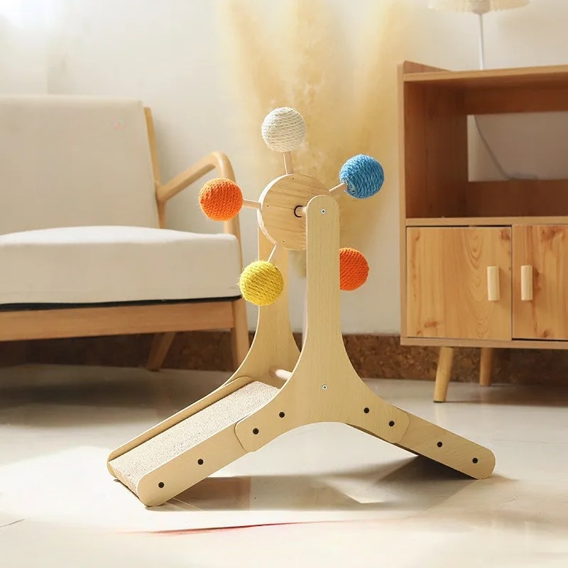 Luna™ Wooden Cat Toy Wheel with Sisal Balls and Scratching Surface