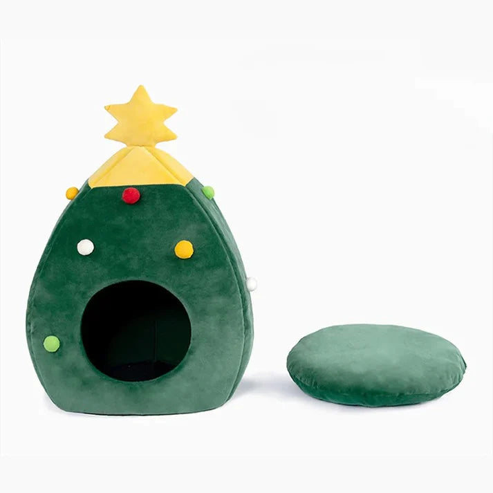 Christmas Pet House with Soft Plush Cushion and Non-Slip Base