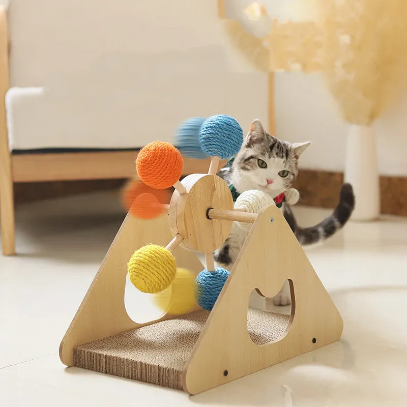 Luna™ Wooden Cat Toy Wheel with Sisal Balls and Scratching Surface