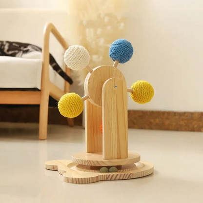 Luna™ Wooden Cat Toy Wheel with Sisal Balls and Scratching Surface