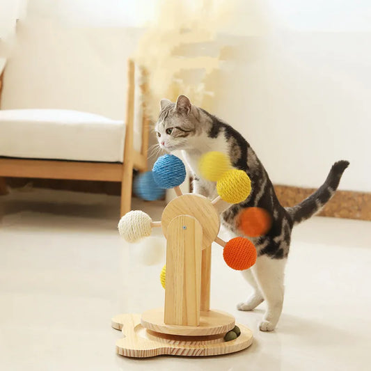 Luna™ Wooden Cat Toy Wheel with Sisal Balls and Scratching Surface