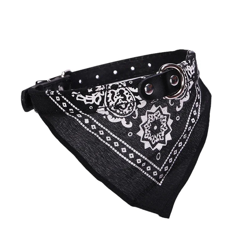 Adjustable PU Leather Dog and Cat Collar with Bandana – Soft Printed Pet Scarf Collar