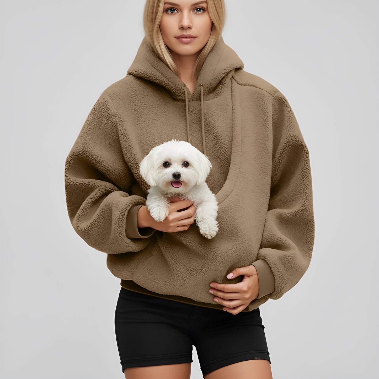 Unisex Hooded Plush Sweatshirt with Pet Kangaroo Pocket – Cozy Pullover for Cats & Dogs