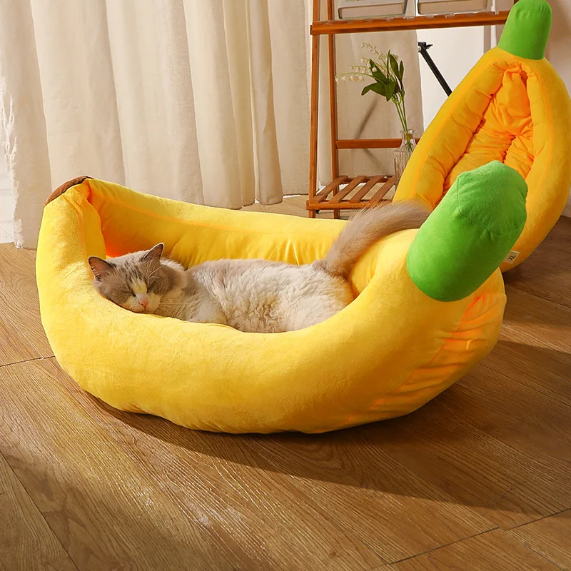 Banana Pet Bed with Soft Plush Cushion and Removable Liner