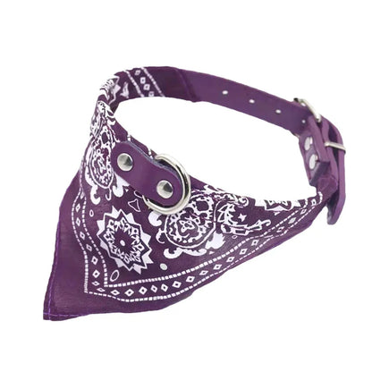 Adjustable PU Leather Dog and Cat Collar with Bandana – Soft Printed Pet Scarf Collar