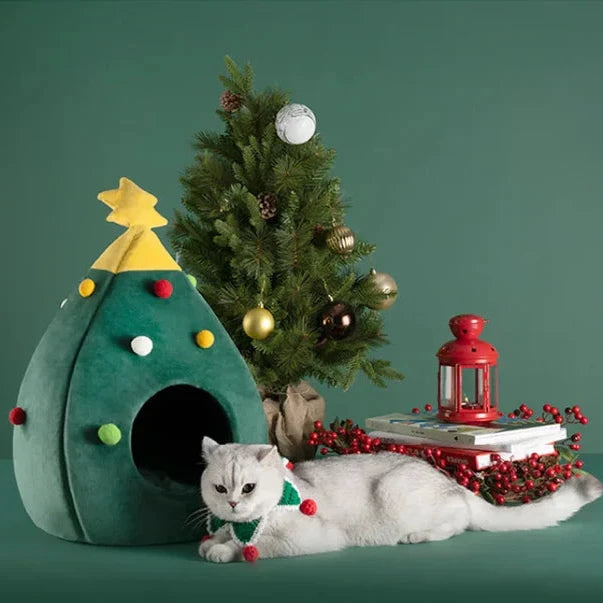 Christmas Pet House with Soft Plush Cushion and Non-Slip Base