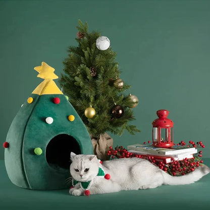 Christmas Pet House with Soft Plush Cushion and Non-Slip Base