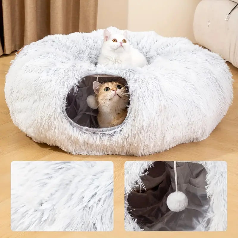 Foldable Cat Tunnel with Soft Bed and Interactive Play Design