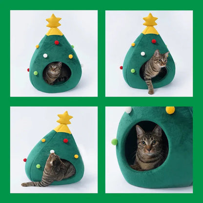 Christmas Pet House with Soft Plush Cushion and Non-Slip Base