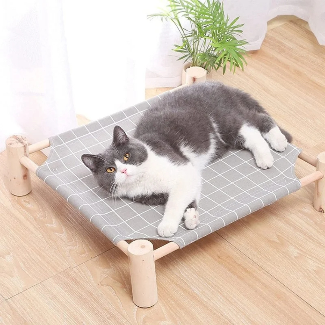 Wooden Elevated Cat Hammock Bed with Cotton Canvas for Indoor Cats