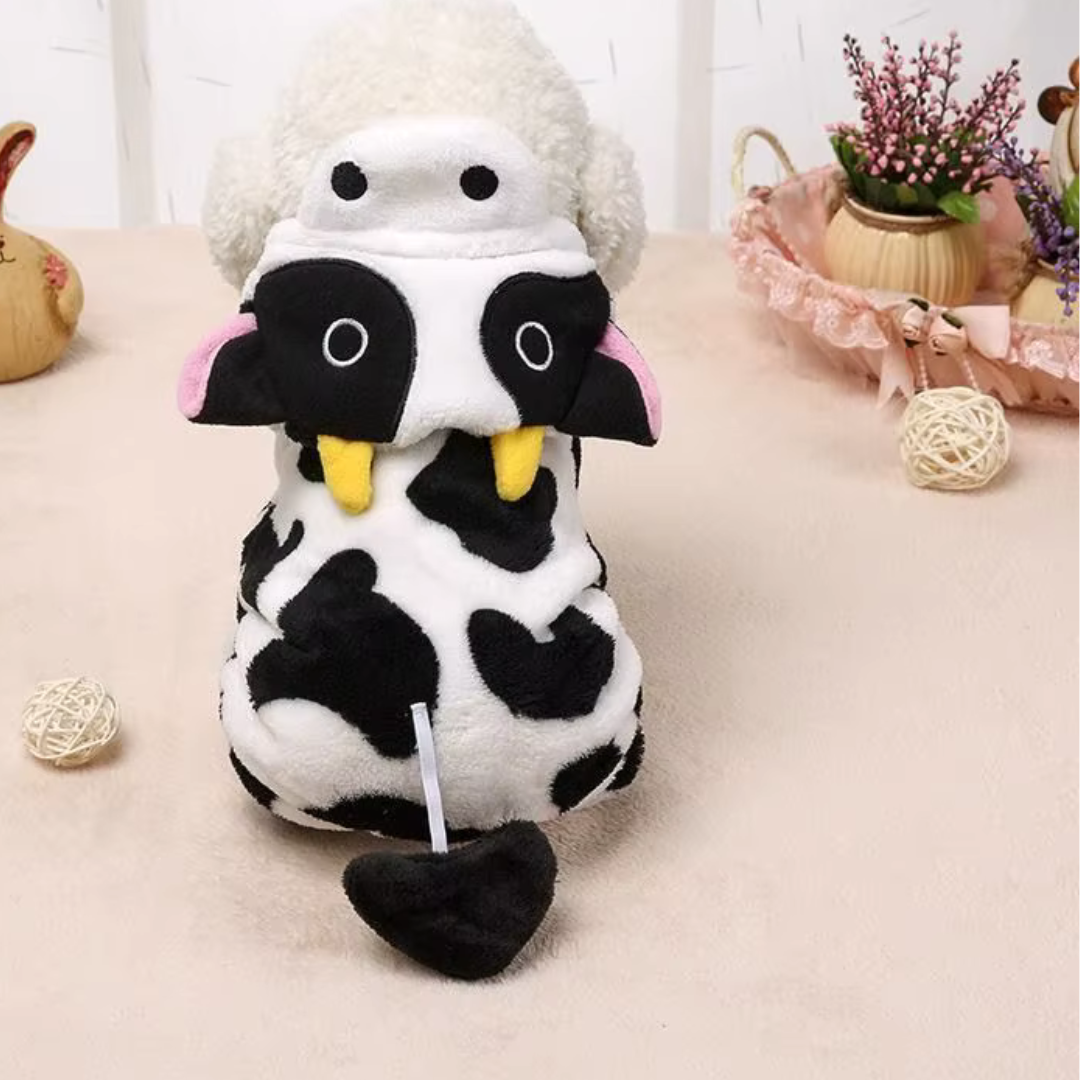 Warm Cow-Themed Pet Outfit – Soft Four-Legged Fleece Clothing for Dogs & Cats