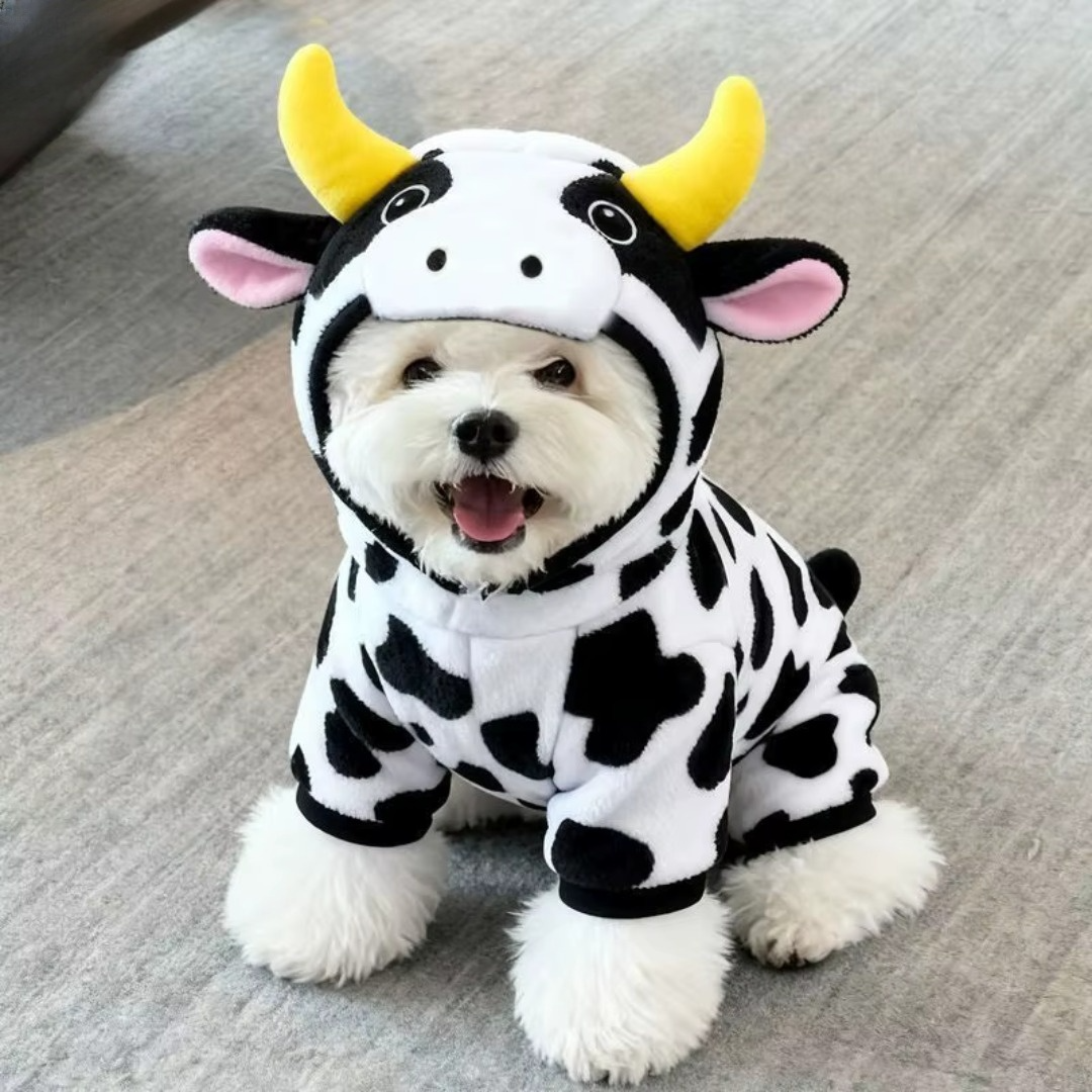 Warm Cow-Themed Pet Outfit – Soft Four-Legged Fleece Clothing for Dogs & Cats