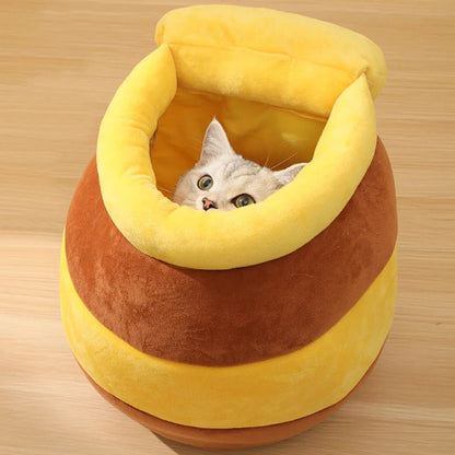 Honey Jar Plush Cat Bed Cozy Coral Fleece Hideaway for Small Cats and Kittens
