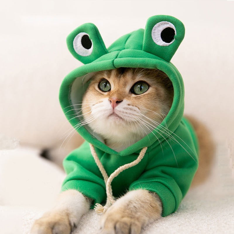 Frog Hoodie for Cats and Small Dogs with Soft Plush Fabric