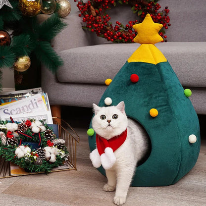 Christmas Pet House with Soft Plush Cushion and Non-Slip Base