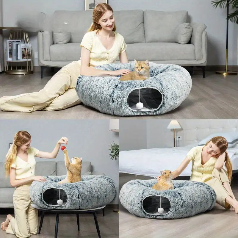 Foldable Cat Tunnel with Soft Bed and Interactive Play Design