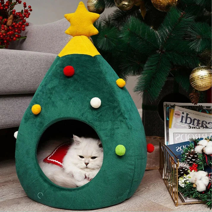 Christmas Pet House with Soft Plush Cushion and Non-Slip Base
