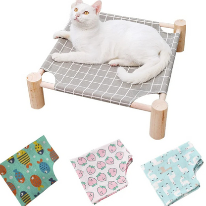 Wooden Elevated Cat Hammock Bed with Cotton Canvas for Indoor Cats